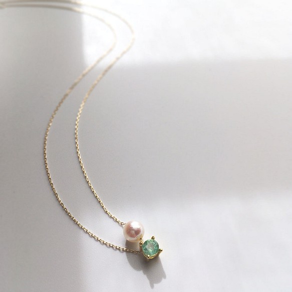 [K10/K14GF/SILVER] 五月生辰石~祖母綠和日本 Akoya 珍珠項鍊 第1張的照片