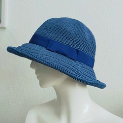 Yuu　コットンツバ広ハット手編み帽子　畳める帽子サイズ調整機能付き　青 1枚目の画像