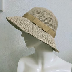 Yuu　コットンツバ広ハット手編み帽子　畳める帽子サイズ調整機能付き　ベージュ 1枚目の画像