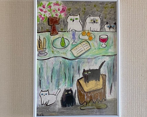 絵画 。手描き【かわいい猫たちが花、ワイン、果物のテーブルを囲んで