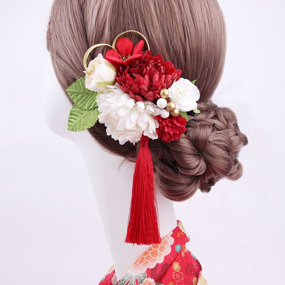 ［送料無料］絹花のヘアアクセサリー成人式 髪飾り 結婚式 着物 袴 和装 卒業式 水引 1枚目の画像