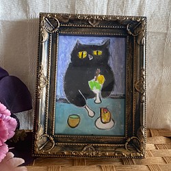 絵画。原画【黒猫は美味しいアイスクリームとケーキを食べてい