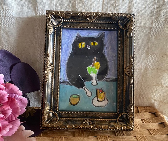 絵画。原画【黒猫は美味しいアイスクリームとケーキを食べています