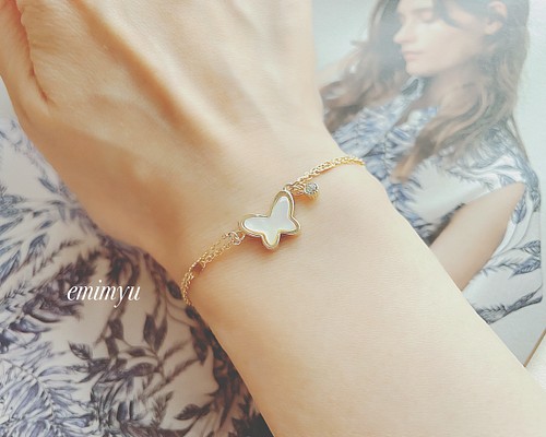 Butterfly Shell Gold Double Chain Bracelet ブレスレット emimyu