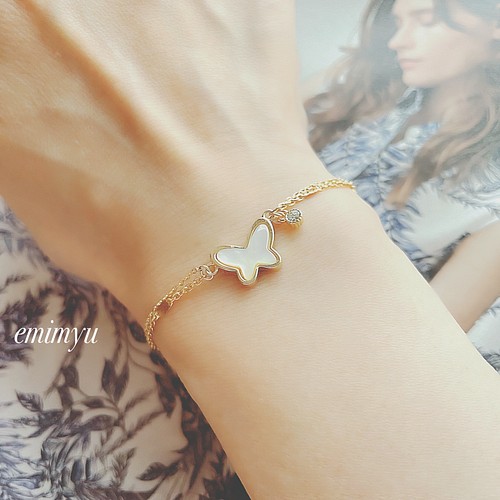 Butterfly Shell Gold Double Chain Bracelet ブレスレット emimyu ...