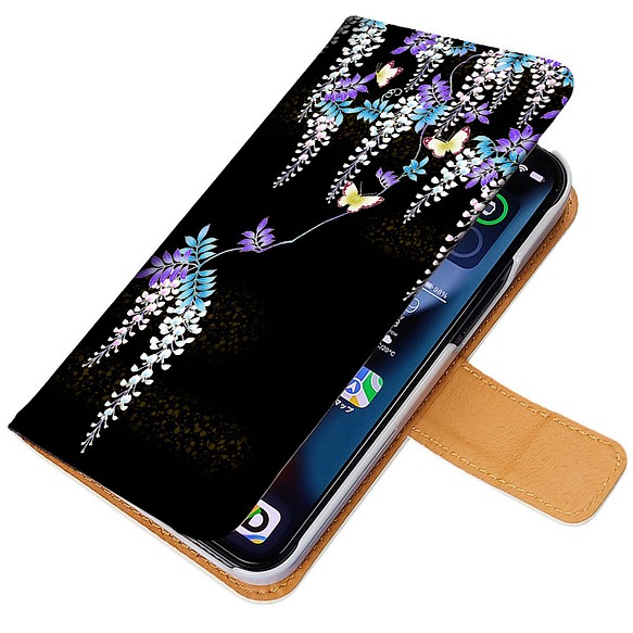Android 他 iPhone 対応 フラップあり手帳型ケース ★藤の花と蝶 3枚目の画像