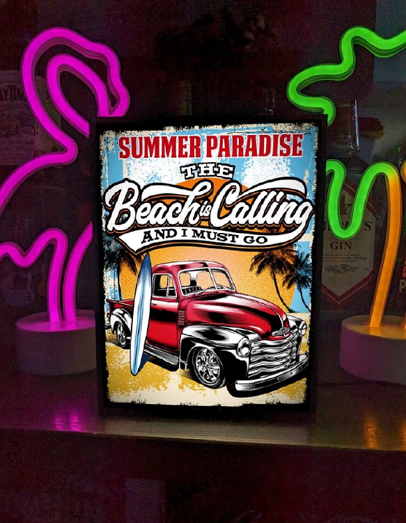 サーフィン サーフビーチ トラック 車 夏 海 ヤシの木 ミニチュア ランプ 看板 置物 アメリカン雑貨 ライトBOX 1枚目の画像
