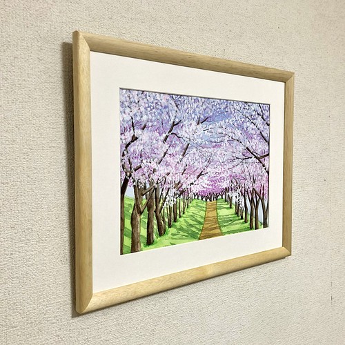 水彩画 透明水彩画 「川沿いの散歩道」額縁付 F4サイズ 原画 【18％OFF