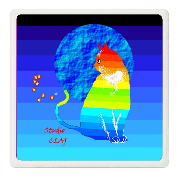 青い満月と虹猫バジル：白雲石コースター 1枚目の画像