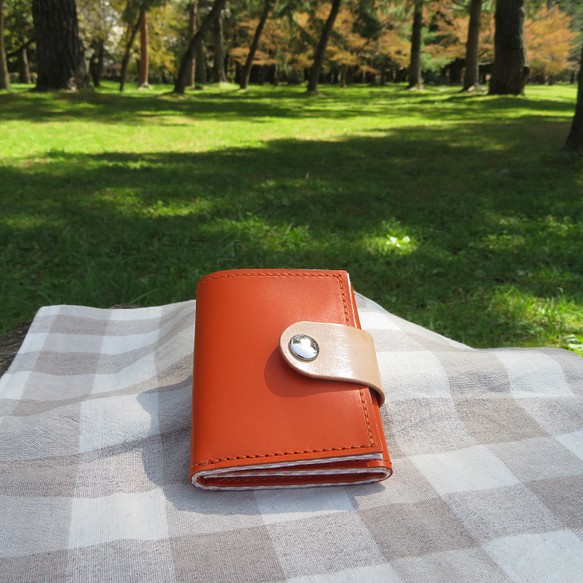 小さく持てるお札＋カード入れ、ミニ財布（オレンジ）植物タンニンなめし革製 1枚目の画像