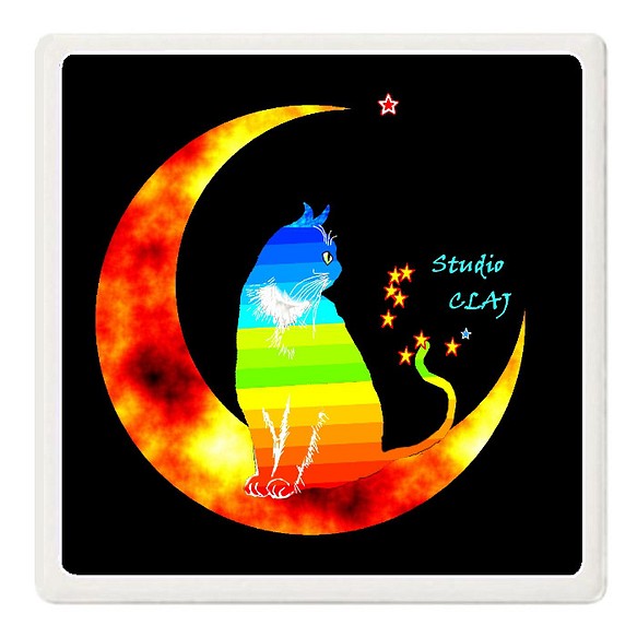 赤い三日月の夜の虹猫ピーマン：白雲石コースター 1枚目の画像