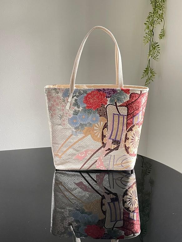 正絹 汕頭刺繍 袋帯 リメイクバッグ A4サイズ ハンドバッグ-