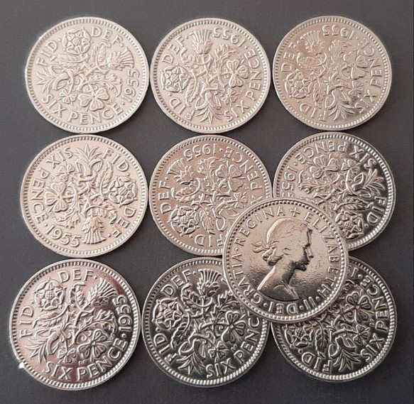 1955 エリザベス女王の幸せのシックスペンス イギリス 10枚セット ラッキー6ペンス 本物古銭英国コイン  美品です 1枚目の画像