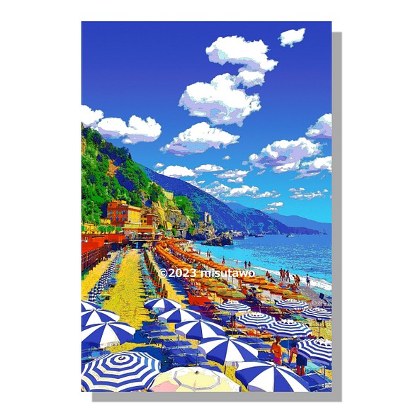【選べる3枚組ポストカード】イタリア モンテロッソ・アル・マーレのビーチ【作品No.490】 1枚目の画像