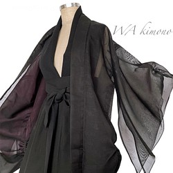 "袖裾クシュ" 変形羽織りシースルー羽織  カーディガン 和装 和柄 黒紫 和楽器衣装 華道 着物リメイク（5327n） 1枚目の画像