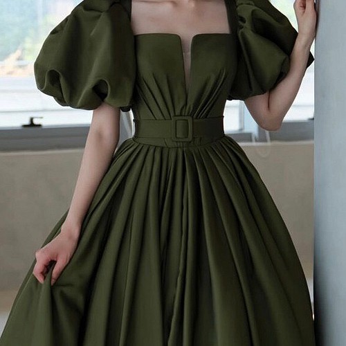 ダークグリーン パフスリーブ ウエディングドレス ドレス ウララ 通販