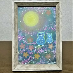 パステルアート　桜寿ぐ星月夜のフクロウ親子　パステル画原画 1枚目の画像
