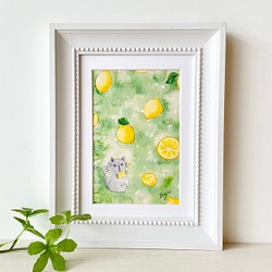 透明水彩画　A4ポスター「すっぱいレモン」イラスト　猫　ねこ　ネコ　果物　フルーツ　母の日　父の日　春　夏　暑中見舞い 1枚目の画像
