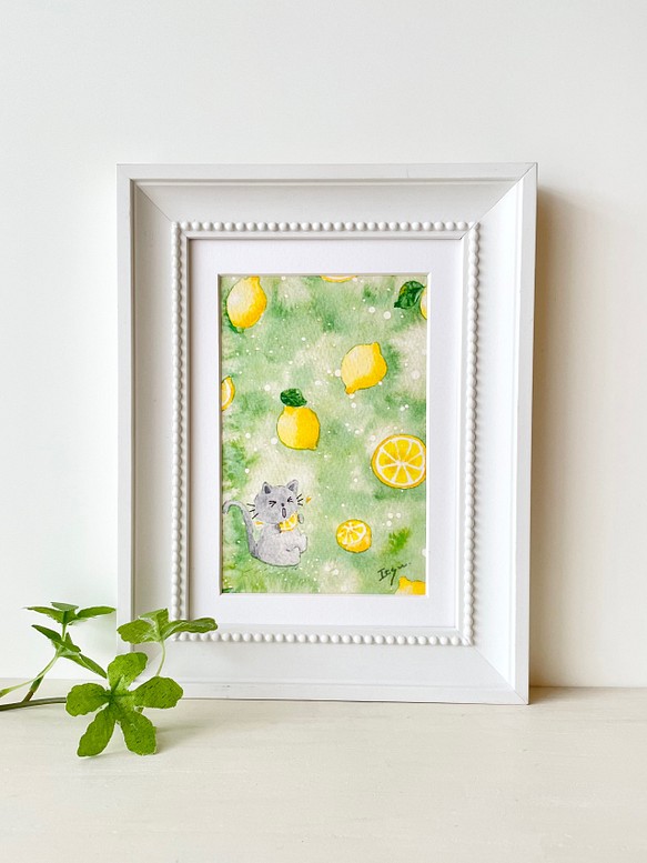 透明水彩画　A4ポスター「すっぱいレモン」イラスト　猫　ねこ　ネコ　果物　フルーツ　母の日　父の日　春　夏　暑中見舞い 1枚目の画像