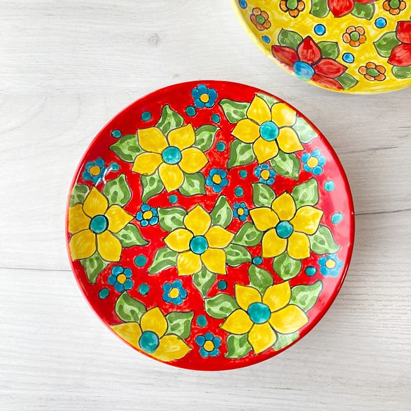 絵皿 20cm LIS028 マヨリカ焼き イタリア陶器 花柄 カラフル 赤 中皿