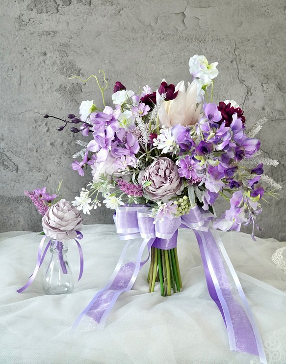 紫造花ブーケ、ブートニアセット