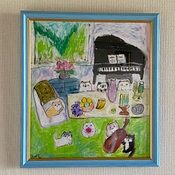 絵画 。壁掛け絵手描き【かわいい猫たちはピアノの曲を聞いてデート