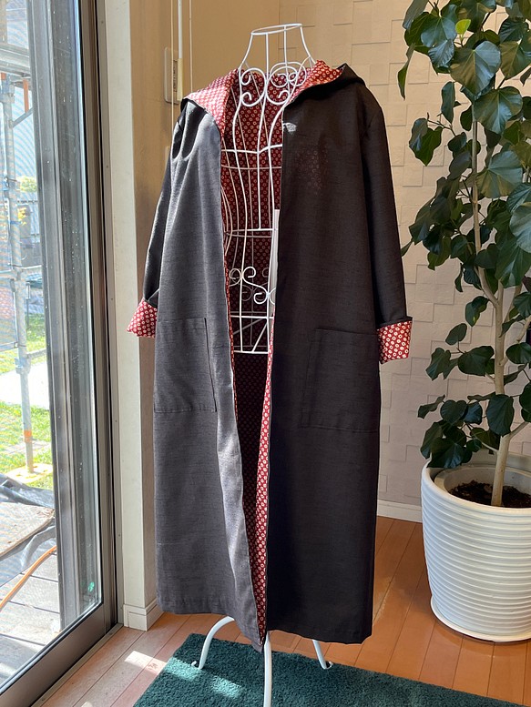 紬着物リメイク着物リメイク　大島紬と紬のパッチワークロングコート