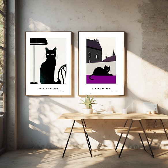 ポスター 黒猫 felin シリーズ2枚セット（A4,A2,A1,A0 選べる4サイズ）フレームなし モノクローム 1枚目の画像