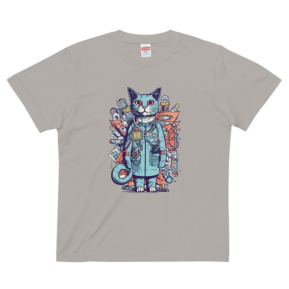 猫ドクター「お薬出しておきますね」 オリジナルキャラクター コットンTシャツ：送料無料 1枚目の画像