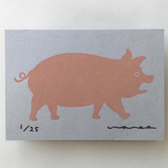 ブタ　豚　木版画  ポストカードサイズ 1枚目の画像