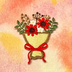 刺繍アイロンワッペン　フラワーブーケ　赤 1枚目の画像