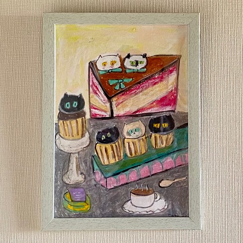 絵画。壁掛け原画【Cute cat cake】0 1 絵画 アカザ麦 通販｜Creema