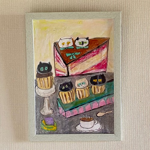 高評価の贈り物 絵画。壁掛け原画【Cute cat cake】0 絵画。原画