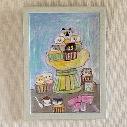 絵画。壁掛け原画【Cute cat cake】0 3-