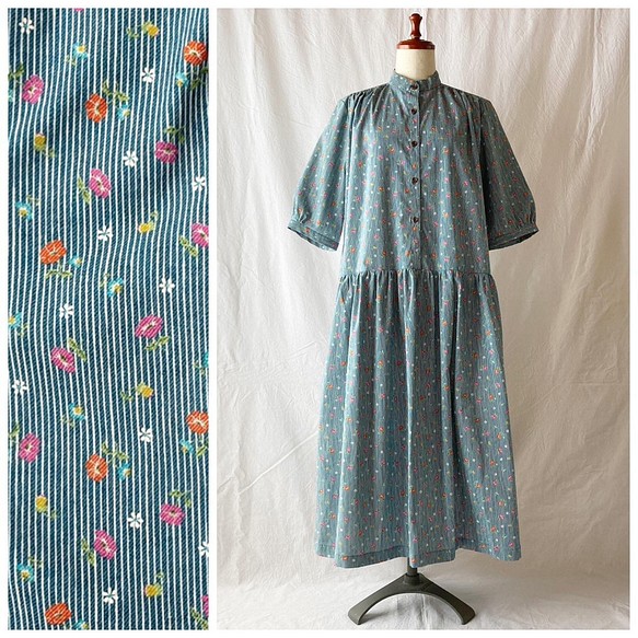 女士櫻花連衣裙（5/4袖）：115cm長（花條紋：海綠色） 第1張的照片