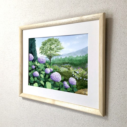 正規品 透明水彩画 水彩画 紫陽花の咲く公園額縁付 F4サイズ 原画