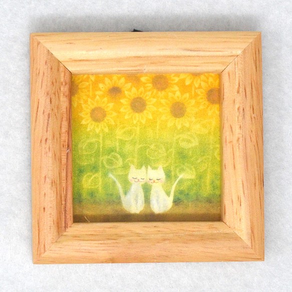 ミニ額(複製画)『ひまわり畑と猫』ミニアート 絵 イラスト パステルアート 1枚目の画像