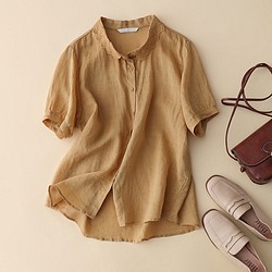 日本のシャツの女性春夏綿麻上着純粋な色のジャカードの半袖上着 62120 1枚目の画像