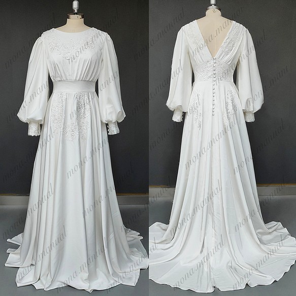 ヴィンテージ袖付きドレス レース ウェディングドレス 二次会 結婚式 前撮りドレス 577 1枚目の画像