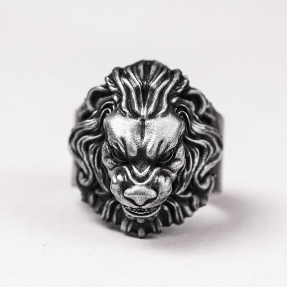 銀製のライオン リング、怒れる獅子の指輪、ユニークなバイカー リング、ゴシックシール 1枚目の画像