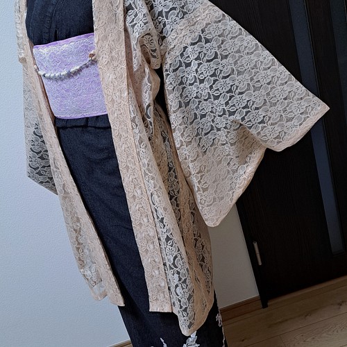 着物  レトロ羽織り　材料 リメイク 女性　ベージュ　二枚セット