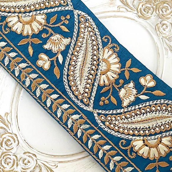 インド刺繍リボン 金 ゴールド 花 ブルー 青 手芸テープ 刺繍レースプリンセス