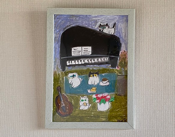 絵画。壁掛け原画【可愛い猫たちのロマンチックなピアノ演奏会