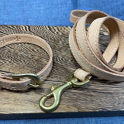 本革リード&首輪セット　国産ロロマレザー製　真鍮金具　手縫い 1枚目の画像