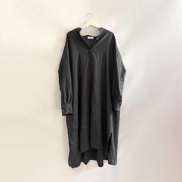 【カラー別注】リネンロングシャツドレス　ブラック 1枚目の画像