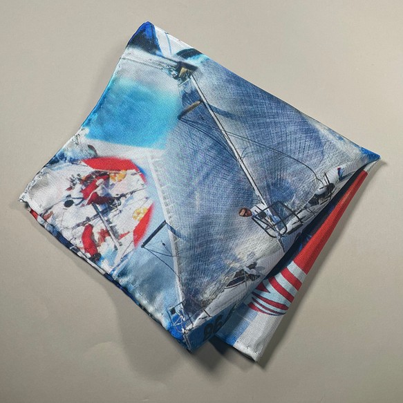 【受注製作】チーフ　ポケットチーフ　イタリア生地　ヨット　海　レース　プレゼント　ギフト　ハンカチ 1枚目の画像