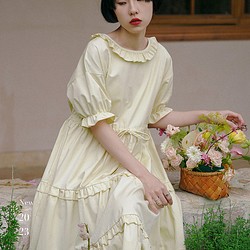 奶酪黃色 宮廷少女木耳花邊寬鬆洋裝 重工蛋糕連身裙女短袖蓬蓬裙 第1張的照片