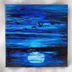 Blue sunset 絵画 原画 キャンバス画 風景画 ハンドメイド アートパネル インテリア ブルー