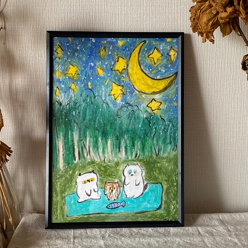 絵画 。壁掛け絵原画手描き【美しい月夜、猫たちとフクロウのデート