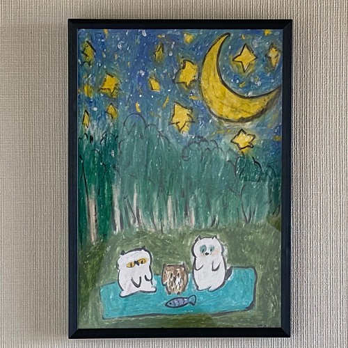 絵画 。壁掛け絵原画手描き【美しい月夜、猫たちとフクロウのデート】-